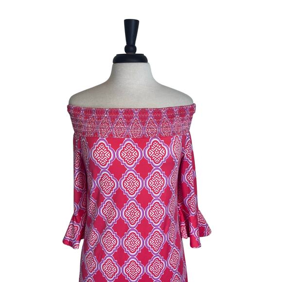 CABANA LIFE Coral Geo Off Shoulder Shift Dress 50SPF Bell Sleeve Tassels Sz M - Picture 3 of 13